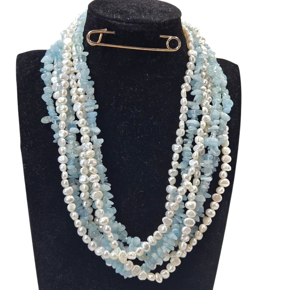Vintage Natural Pearl and Aquamarine Stone Beaded Necklace Blue/White 16" - 20"